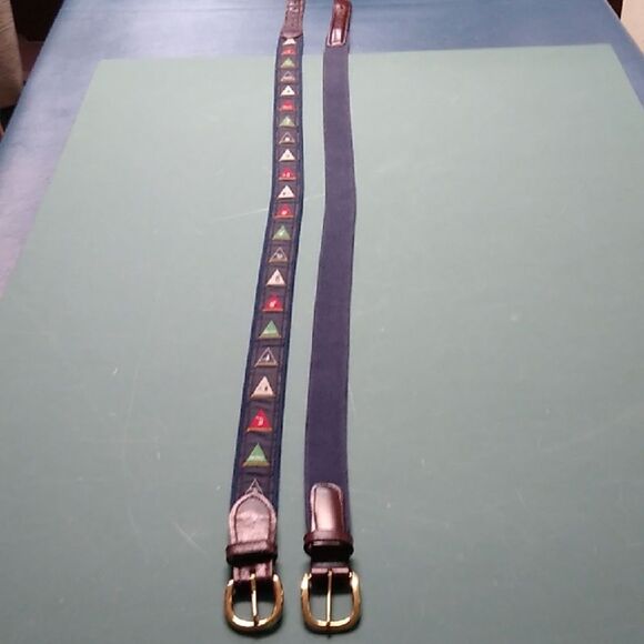 Vibrant Blue and Red Geometric Pattern Belts Solid Brass Buckles - Picture 1 of 11